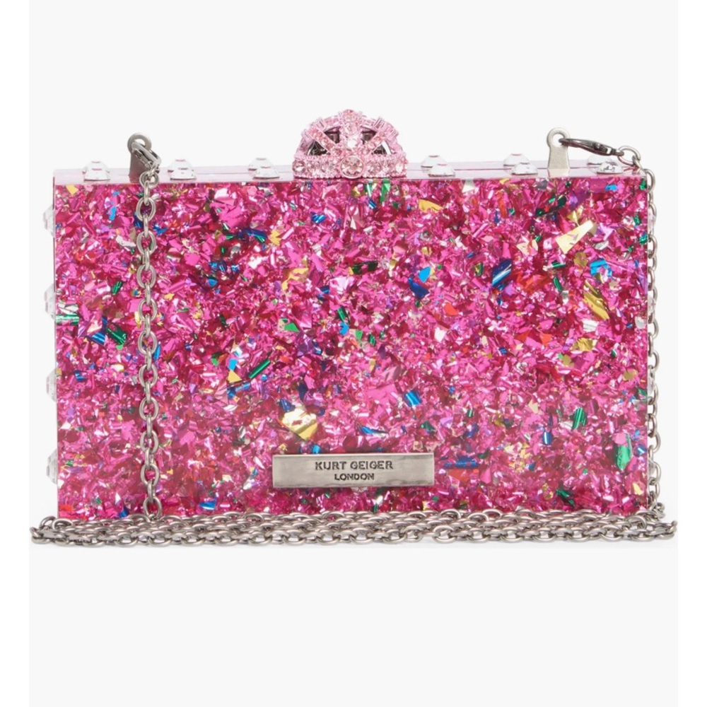 Kurt Geiger Pink Glitter London Icon Box Clutch Crossbody - Picture 2 of 4